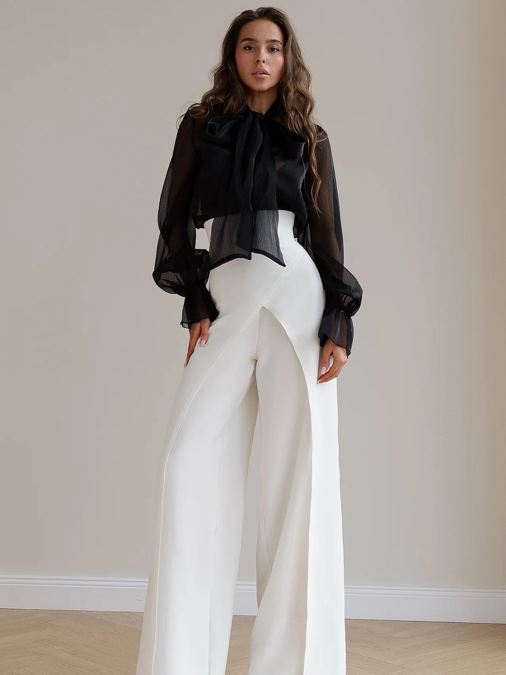 High-Rise White Wide-Leg Split-Front Palazzo Pants